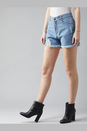 DOLCE CRUDO Women Relaxed Fit Highly Distressed Mid Rise Ripped Denim Shorts