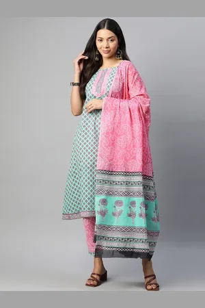 BUTA BUTI Floral Printed A-Line Pure Cotton Straight Kurta With Trousers & Dupatta