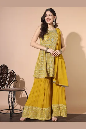 Chhabra 555 Striped Embroidered Round Neck Sleeveless A-Line Kurta With Palazzo & Dupatta