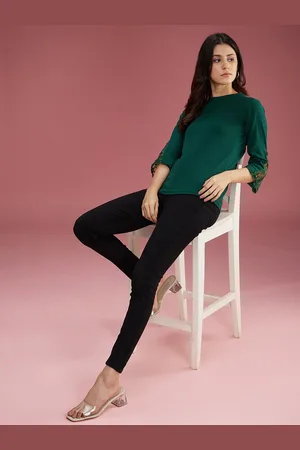 DressBerry Green Round Neck Lace Insert Regular Top
