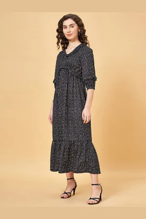 Pantaloons Abstract Printed Puff Sleeve Ruffles Empire Maxi Dress