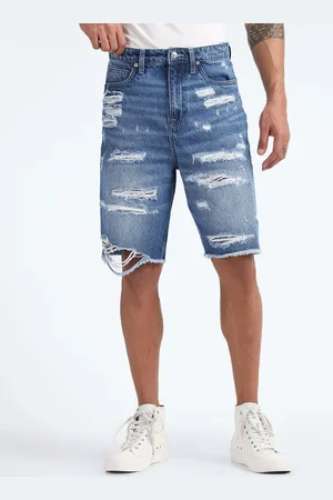 Flying Machine Men Mid-Rise Distressed Denim Shorts