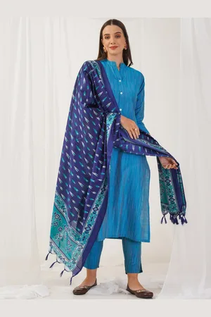 Jompers Women Striped Mandarin Collar Kurta With Trouser & Dupatta