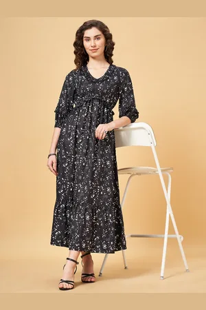 Pantaloons Abstract Printed Puff Sleeve Ruffles Empire Maxi Dress