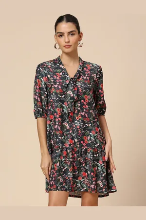 Chemistry Floral Print Tie Up Neck Fit & Flare Dress