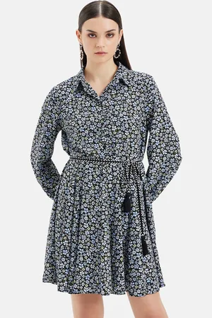 Kazo Floral Printed Flared Mini Shirt Dress