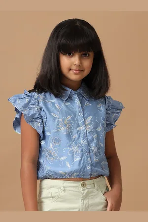 UNDER FOURTEEN ONLY Girls Floral Printed Flutter Sleeve Cotton Shirt Style Top