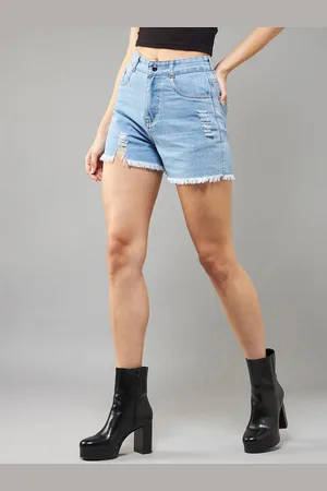 DOLCE CRUDO Women Relaxed Mid Rise High Distress Regular Non Stretchable Denim Shorts