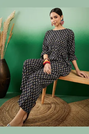 Sangria Kantha Printed Pure Cotton Boat Neck Tunic With Trousers Co-Ords