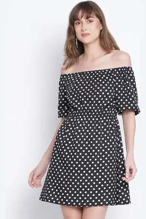 DRAAX Fashions Polka Dots Off-Shoulder Puff Sleeve A-Line Dress