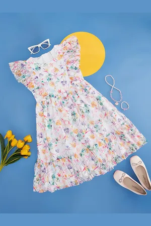 Pantaloons Kids-Girls Floral Printed Flutter Sleeve Fit & Flare Dress