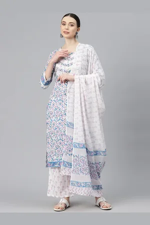 BUTA BUTI Floral Printed Round Neck Pure Cotton Straight Kurta with Trousers & Dupatta