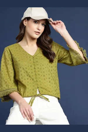 Mast & Harbour Flared Sleeve Cotton Schiffli Shirt Style Top