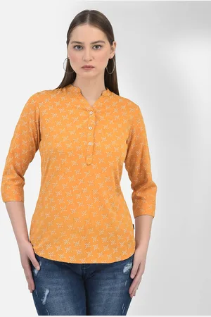 Crimsoune Club Abstract Printed Mandarin Collar Cotton Shirt Style Top