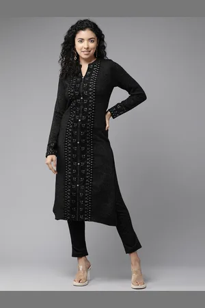 Cayman Floral Embroidered Panelled Pure Wool Kurta with Trousers