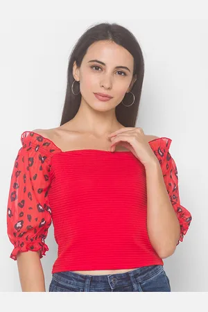 Globus Woman Red Off-Shoulder Georgette Bardot Crop Top