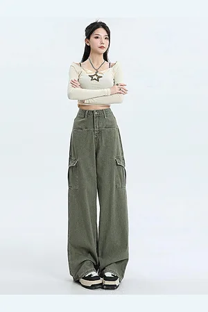 LULU & SKY Women Wide Leg High-Rise Clean Look Cargo Style Jeans