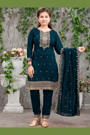 Aarika Girls Floral Embroidered Thread Work Pure Silk Kurta with Trousers & Dupatta