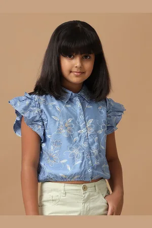 UNDER FOURTEEN ONLY Girls Floral Printed Flutter Sleeve Cotton Shirt Style Top
