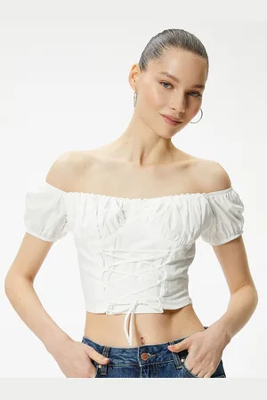 Koton Off-Shoulder Puff Sleeves Cotton Bardot Crop Top
