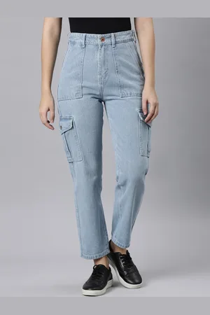 ZHEIA Women Relaxed Fit High-Rise Heavy Fade Cargo Denim
