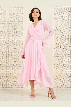 Styli V-Neck Bell Sleeves Pleated Detail Maxi Wrap Dress