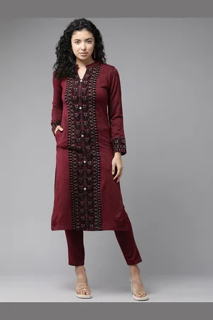 Cayman Floral Embroidered Panelled Pure Wool Kurta with Trousers
