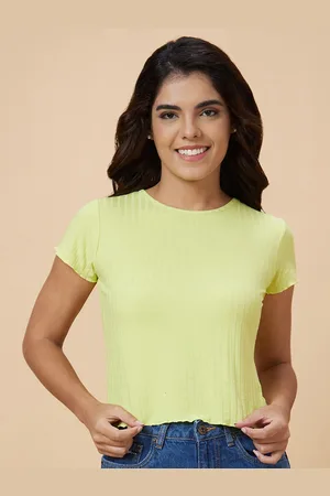 Globus Women Yellow Striped V-Neck Pockets T-shirt
