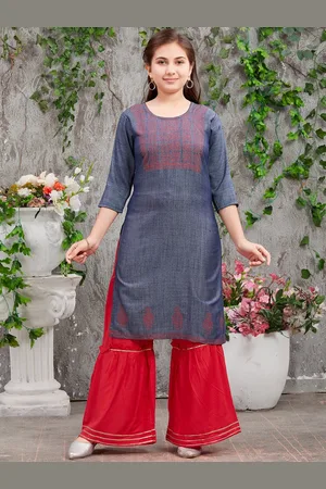 Aarika Girls Embroidered Round Neck Flared Sleeves Cotton Kurta