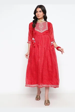 Kalini Leheriya Printed Round Neck Embroidered Fit & Flare Midi Ethnic Dress