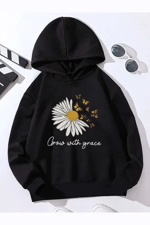 Stylecast Girls Black Floral Printed Hooded Pullover Sweatshirt
