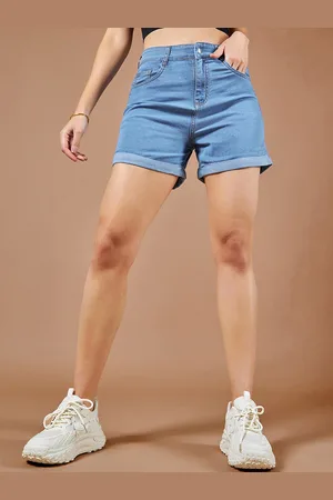 DOLCE CRUDO Women Relaxed Fit Light Weight Mid Rise Denim Shorts