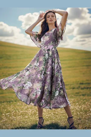 Rare Fashion Floral Printed Flared Sleeves Georgette Fit & Flare Midi Dress