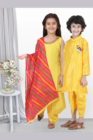 BownBee Girls Yellow & Red Solid Kurti with Dhoti Pants & Dupatta