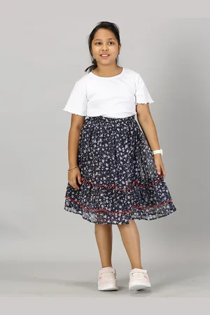KiddoPanti Girls Pure Cotton Round Neck T-shirt with Skirt