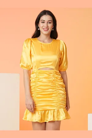Globus Yellow Puff Sleeves Ruched Cut-Outs Satin Bodycon Party Dress