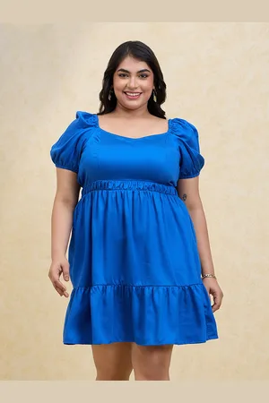 20Dresses Plus Size Blue Puff Sleeve Fit and Flare Short Dress