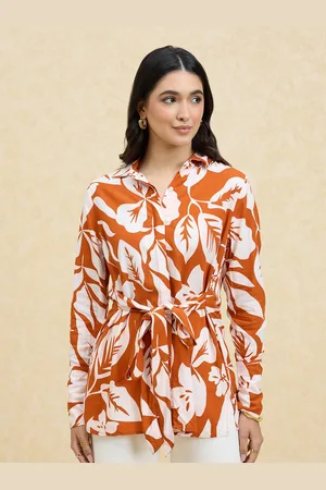 20Dresses Rust & White Floral Printed Spread Collar Belted Casual Shirt