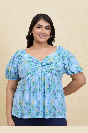20Dresses Blue Floral Print Sweetheart Neck Puff Sleeve Crepe Empire Plus Size Top