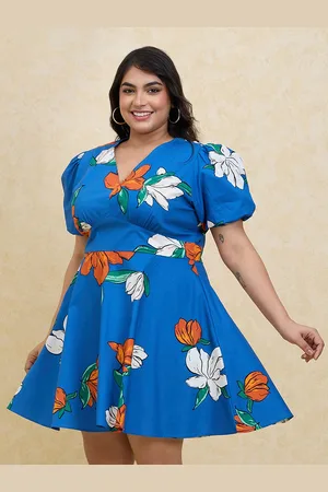 20Dresses Plus Size Blue Floral Printed V-Neck Puff Sleeves Pure Cotton Fit & Flare Dress