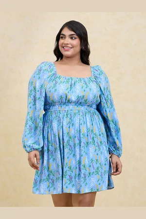 20Dresses Plus Size Blue Floral Printed Square Neck Gathered Detailed Fit & Flare Dress