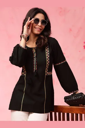 Anouk Black Geometric Embroidered Tie Up Neck Pure Cotton Kurti