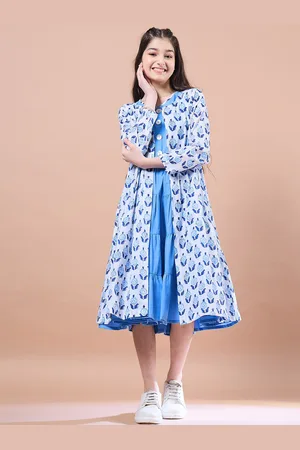 pspeaches Girls Floral Print Round Neck Sleeveless Tiered Midi Fit & Flared Cotton Dress