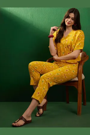 Sangria Printed Pure Cotton V-Neck Tunic With Trousers