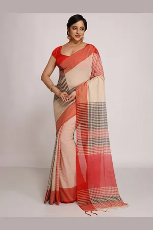 Woodentant women's pure cotton exclusive Designer Tant saree in Beige and  red golden zari border without blouse piece.