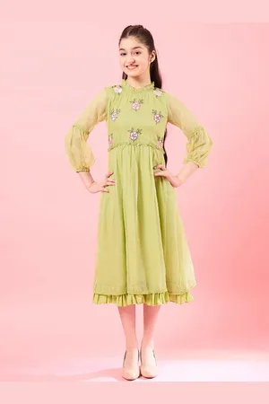 pspeaches Girls High Neck Puff Sleeves Fit & Flare Opaque Midi Casual Dress