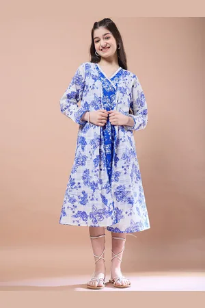 pspeaches Girls Floral Print V-Neck Long Sleeves A-Line Midi Dress With Shrug