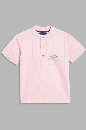 Blue Giraffe Boys Vertical Striped Band Collar Pure Cotton Casual Shirt
