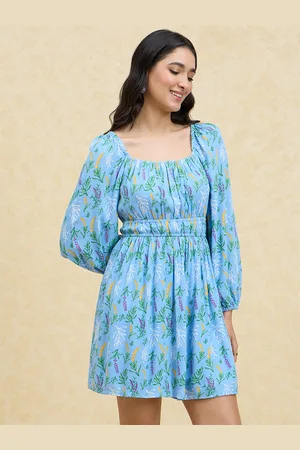 20Dresses Blue Floral Printed Round Neck Puff Sleeve Fit & Flare Dress