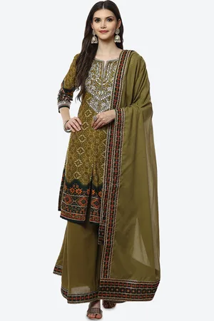 Biba Women Green Embroidered Thread Work Kurti with Salwar & With Dupatta